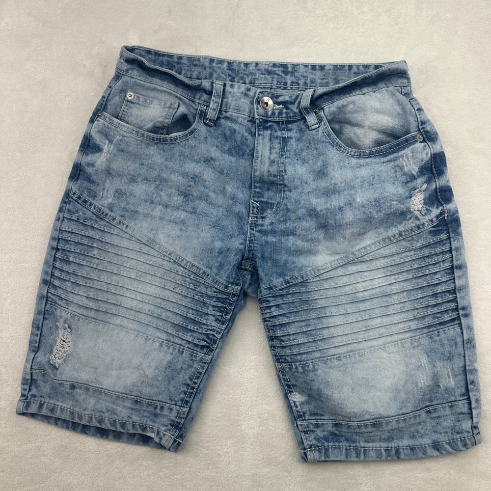 Mens Distressed Denim Shorts Ribbed Detail Acid Wash Blue Casual